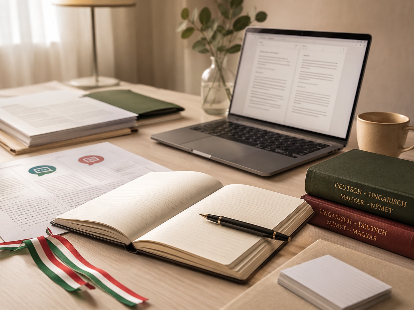 Deutsch-ungarische Übersetzung mit Unterlagen und Laptop