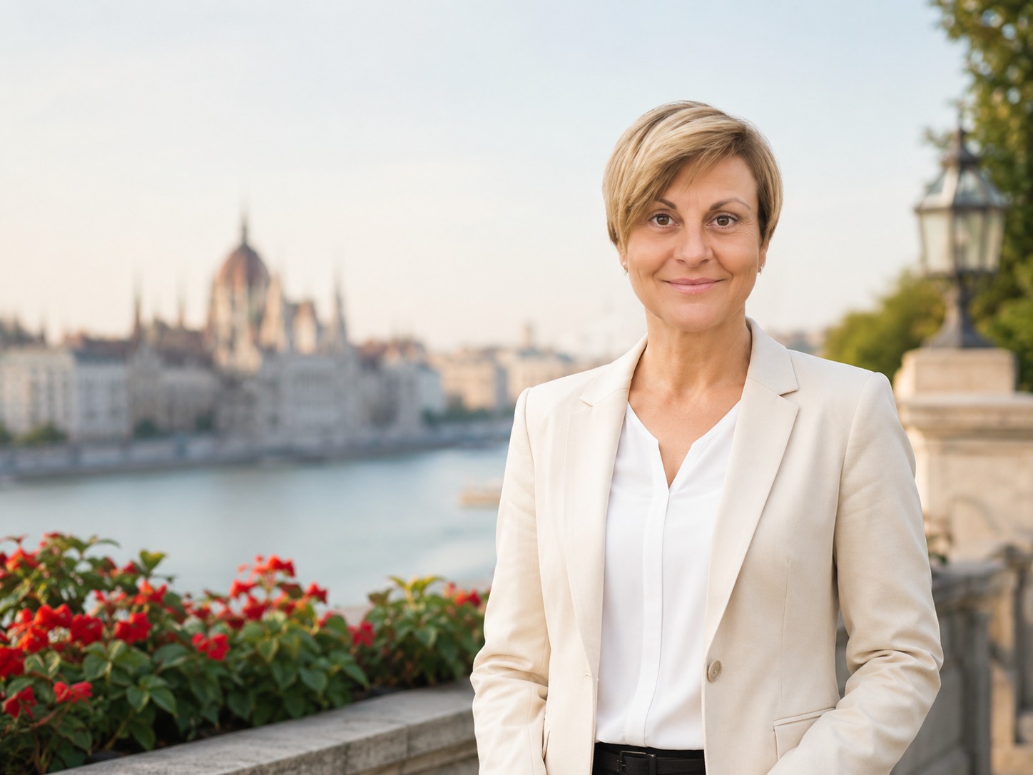 Ildikó Farkas in Business-Kleidung vor Budapest – Dolmetscherin für Deutsch und Ungarisch